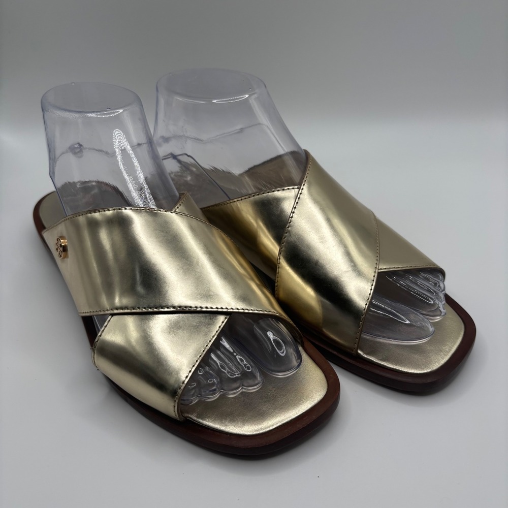 Tory Burch Slides Womens 7.5 Gold Metallic Leather Crisscross Flat Sandals